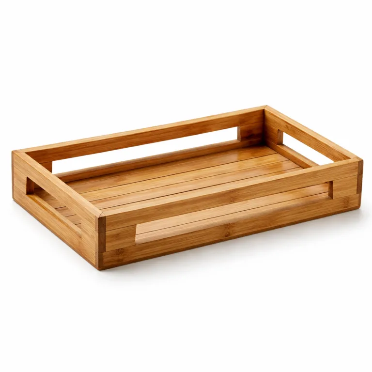A stylish carbonized bamboo gift basket tray with a deep, rich tone and beveled rim detailing along the open sides. The sophisticated finish and precise craftsmanship make it an attractive option for gifting or display.