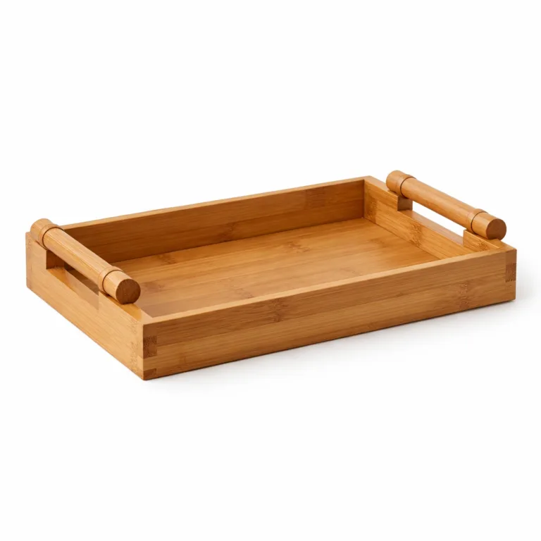 A rectangular gift basket tray crafted from matte-oiled bamboo, designed with sturdy bamboo handles on both sides for easy carrying. The understated matte finish and solid construction suit a modern and functional presentation.