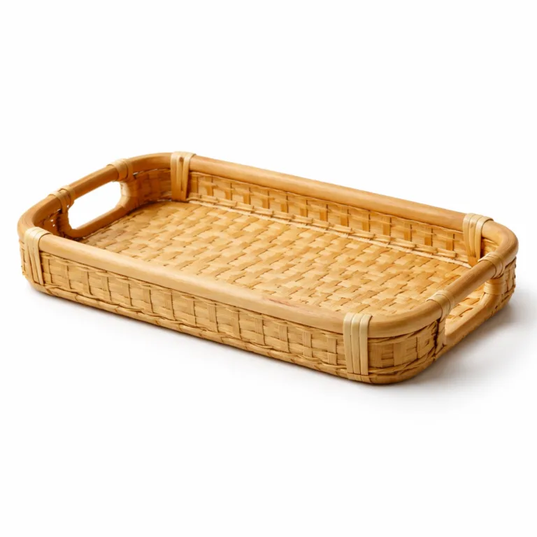 A finely handcrafted natural bamboo gift basket tray featuring gently rounded edges for a soft, elegant silhouette. The open sides allow for easy access and the smooth woven finish enhances the aesthetic appeal, ideal for versatile gifting or organizing.