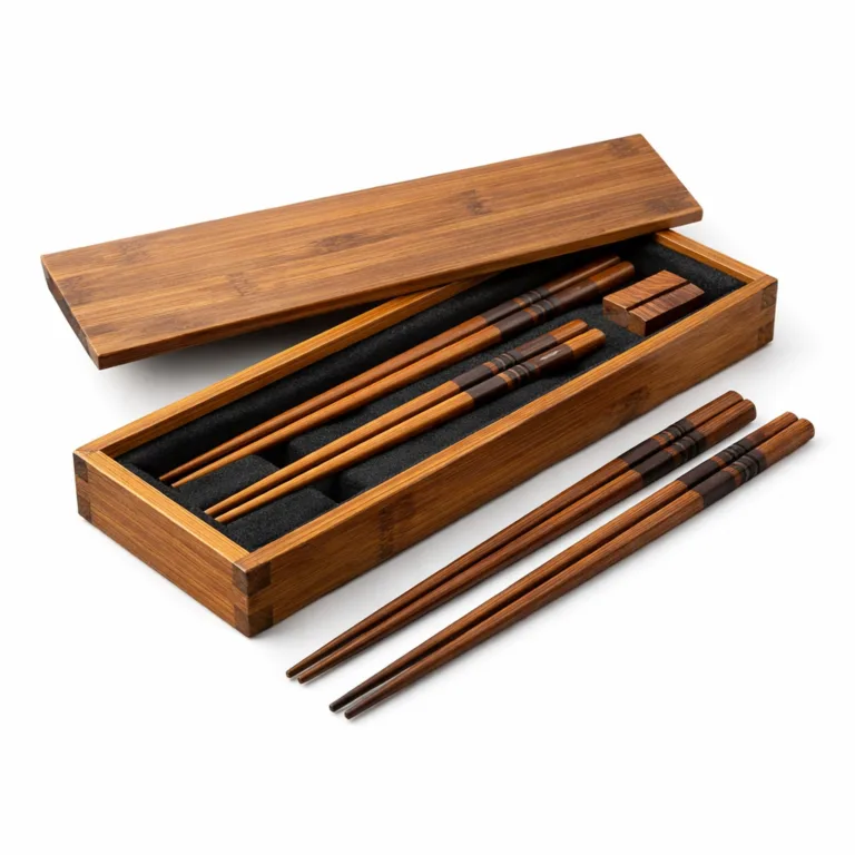 This Bamboo Gift Box Chopsticks Set offers a carbonized bamboo construction with an elegant dark finish and gently rounded chopstick edges, all housed in a matching bamboo gift box.