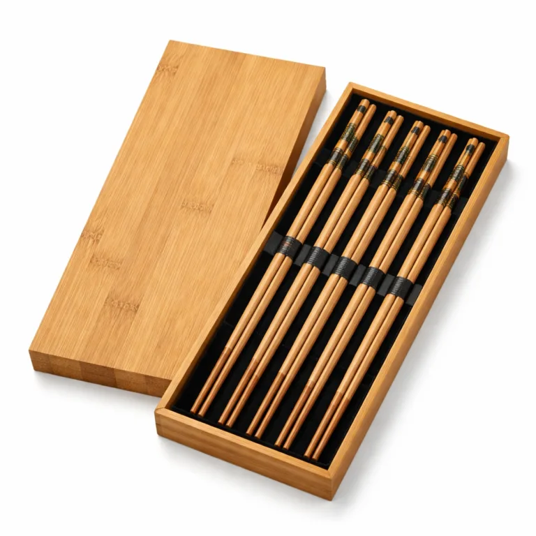 A distinctive Bamboo Gift Box Chopsticks Set featuring a matte-oiled finish for a soft, low-sheen appearance and chopsticks with beveled tips for improved handling, all presented in an elegant bamboo box.