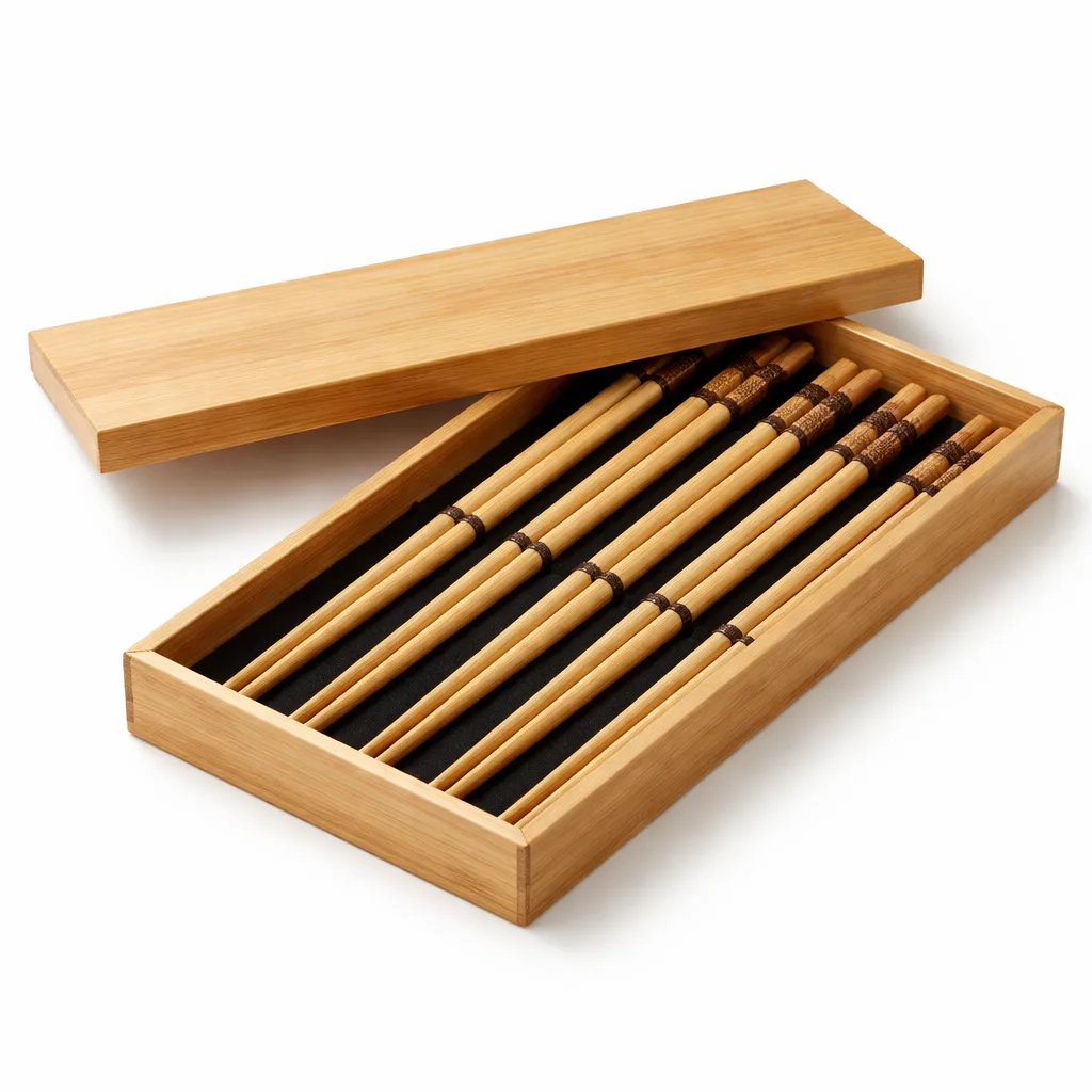 A Bamboo Gift Box Chopsticks Set featuring natural light bamboo wood, straight-edged chopsticks, and a smooth, untreated finish. Presented in a rectangular bamboo gift box, ideal for a clean and eco-friendly look.