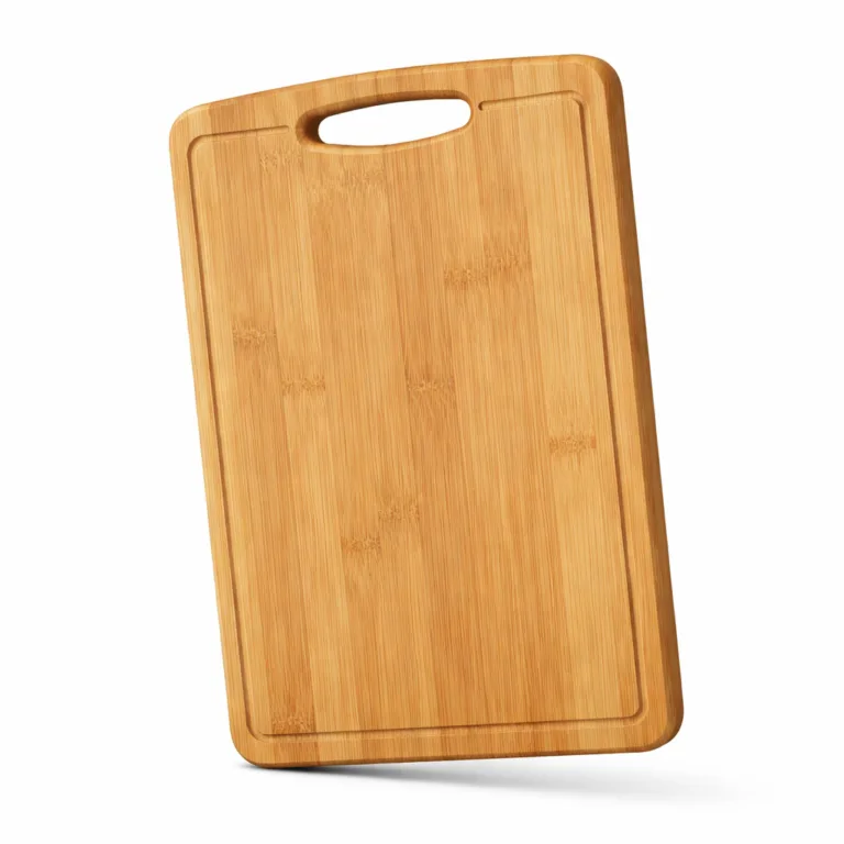 A bamboo hanging cutting board designed with stylish beveled edges for a modern aesthetic. Features a rectangular shape, rounded corners, and a functional cut-out handle.