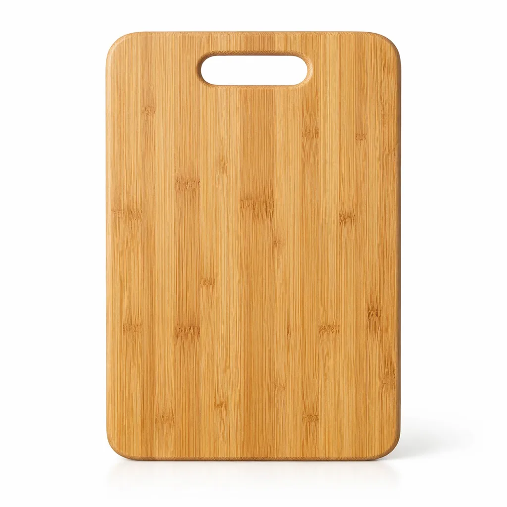 A bamboo cutting board with a hanging handle, crafted from natural bamboo with a smooth matte finish. Rectangular with rounded corners, no additional treatments, ideal for a minimalist kitchen.