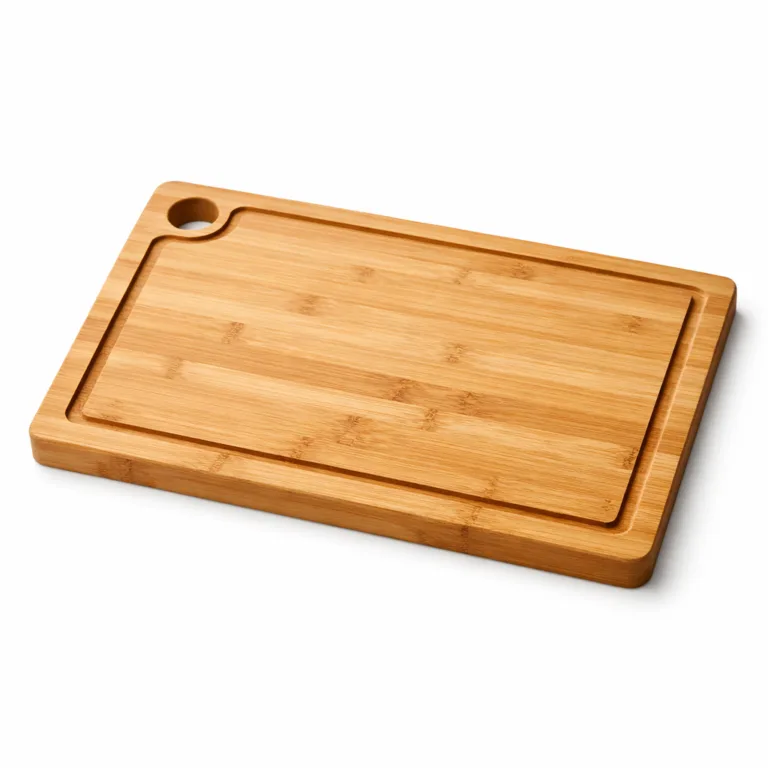 A modern bamboo cutting board with a matte-oiled surface, deep juice groove, and a convenient integrated hanging hole for easy storage in the kitchen.