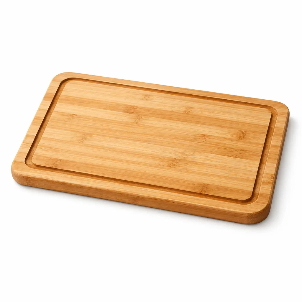 A bamboo cutting board featuring a classic natural finish, crafted with a deep juice groove and gently rounded corners, providing a smooth and clean look ideal for food preparation.