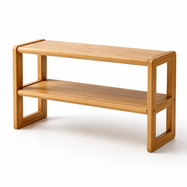 A natural moso bamboo kitchen counter shelf rack featuring two tiers, smooth finish, and gently rounded edges for a soft, safe profile. Sleek and space-saving, perfect for modern kitchens.