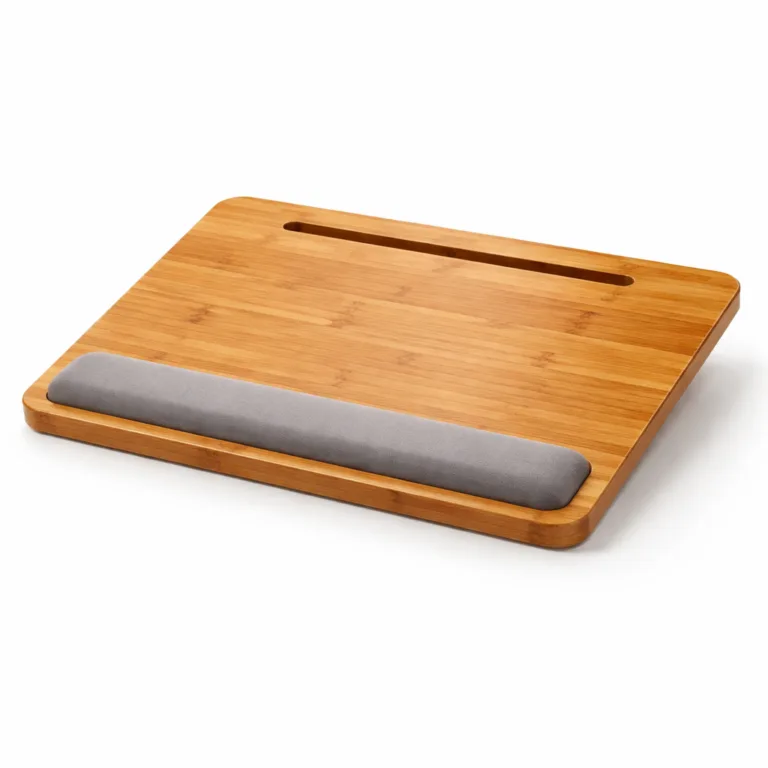A carbonized bamboo lap desk offering a rich, dark tone and built-in wrist rest. The board features elegant beveled edges and a glossy polished finish for a premium impression.