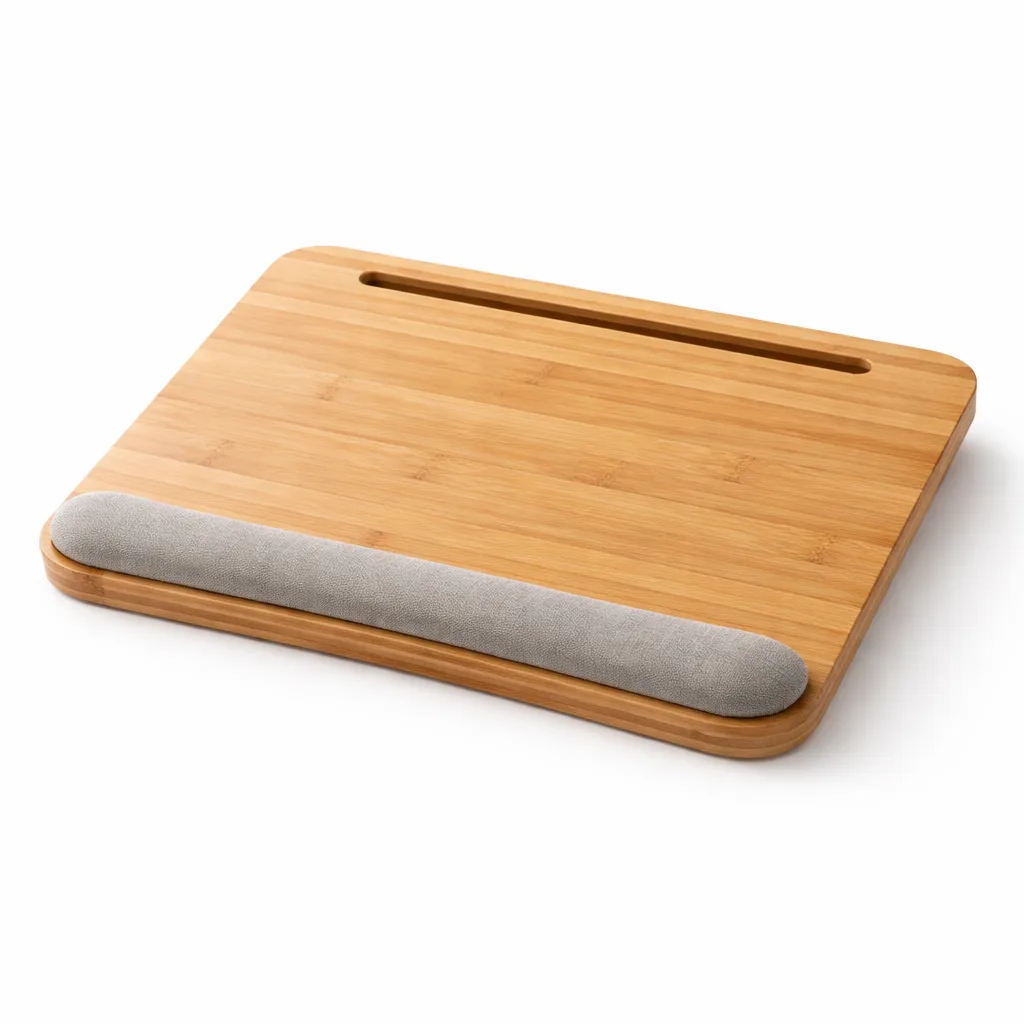 A natural bamboo lap desk with a comfortable built-in wrist rest, designed with gently rounded edges and a soft matte finish for a modern look. Perfect for ergonomic laptop use.