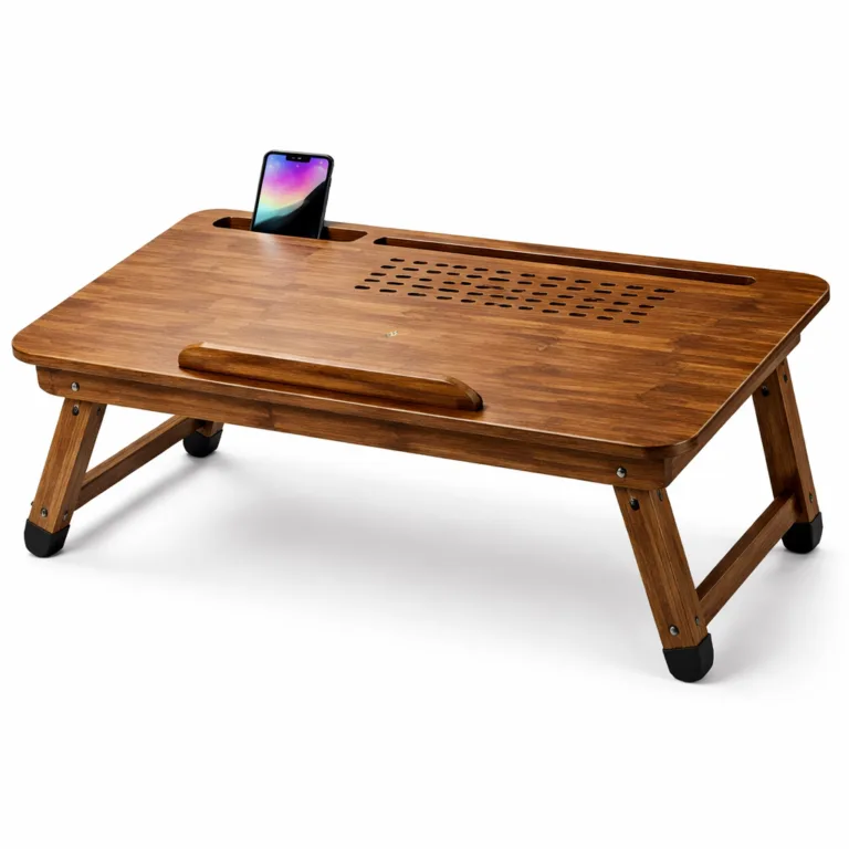 A dark-toned carbonized bamboo laptop desk with a built-in phone slot. The desk features stylish beveled edges that add a touch of refinement and durability, ideal for home or office use.
