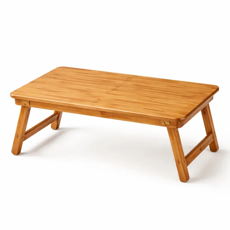 Studio photo of the Bamboo Laptop Desk for Kids Homework in carbonized bamboo with sleek beveled edges and foldable legs. Its deeper tone gives a stylish look appropriate for kids' learning spaces.