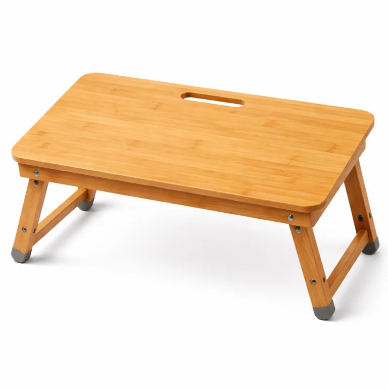 High detail image of the Bamboo Laptop Desk for Kids Homework featuring an integrated carrying handle cutout for easy portability. Rounded corners and foldable legs provide comfort and convenience.