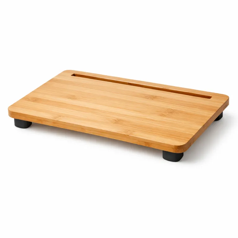This bamboo laptop desk sports a light matte-oiled finish and a built-in phone slot. Anti-slip silicone feet are attached to the bottom, ensuring the desk stays securely in place during use.
