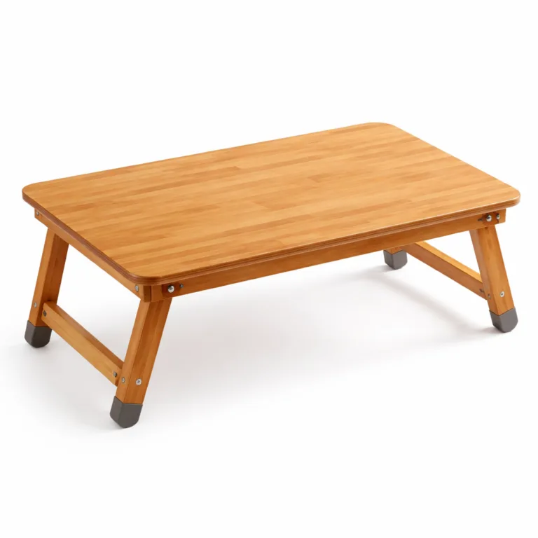 High-realism photo of the Bamboo Laptop Desk for Kids Homework shown in a natural bamboo finish. Features rounded corners and sturdy foldable legs, ideal for homework sessions.