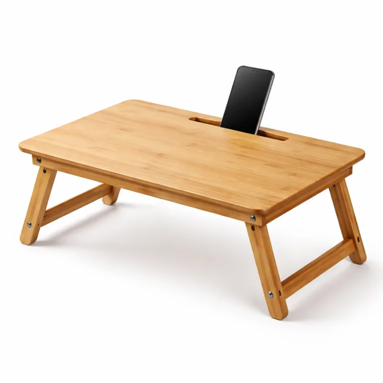 A natural bamboo laptop desk featuring a built-in phone slot. The tabletop is rectangular with smooth, rounded edges for enhanced comfort and a modern look. Perfect for portable laptop use.