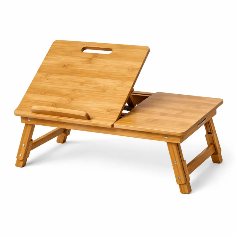 Foldable adjustable bamboo laptop stand table with a matte-oiled surface and a built-in carrying handle slot for easy transport, presented on a clean white background.