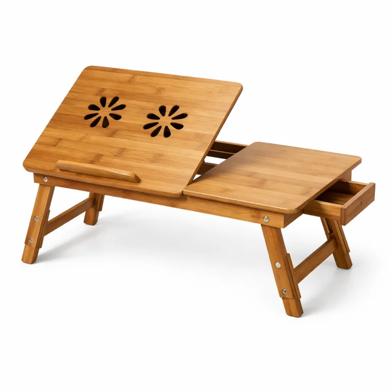 Carbonized bamboo laptop stand table with distinctive beveled edge profile, foldable and adjustable, captured in sharp detail on a white background studio setting.