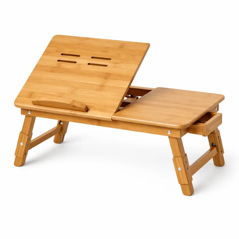 A naturally finished bamboo laptop stand table featuring gently rounded edges, foldable adjustable design, photographed against white background for e-commerce.