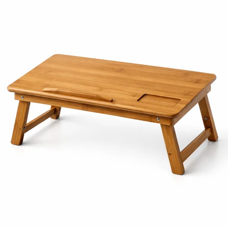 A Bamboo Laptop Table for Couch Use made of dark carbonized bamboo. Features a refined beveled edge on the smooth tabletop and sturdy folding legs, creating a rich and modern look.