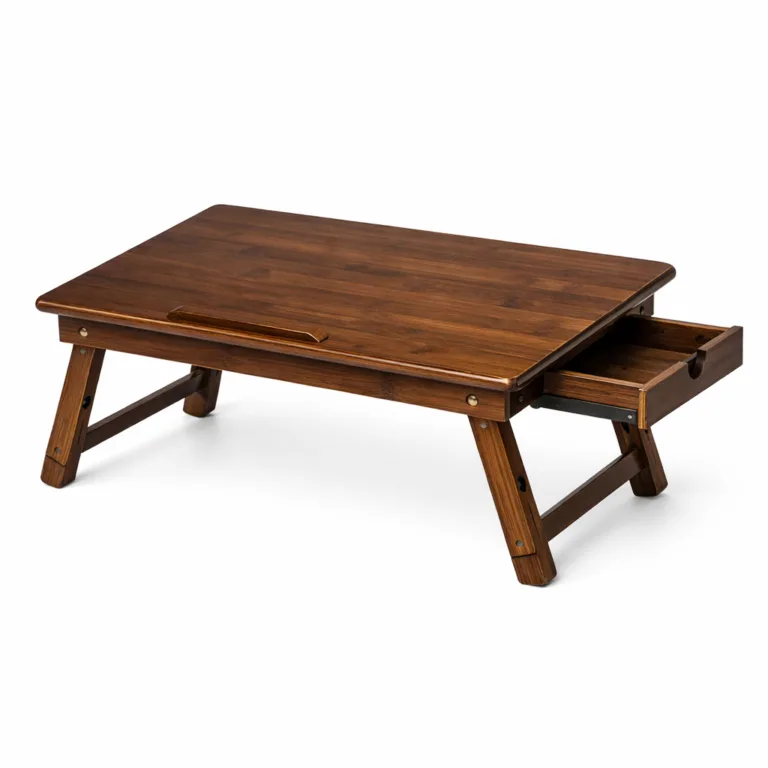 A modern bamboo laptop table crafted in carbonized bamboo, featuring a slide-out drawer and beveled edges for contemporary style and comfort.