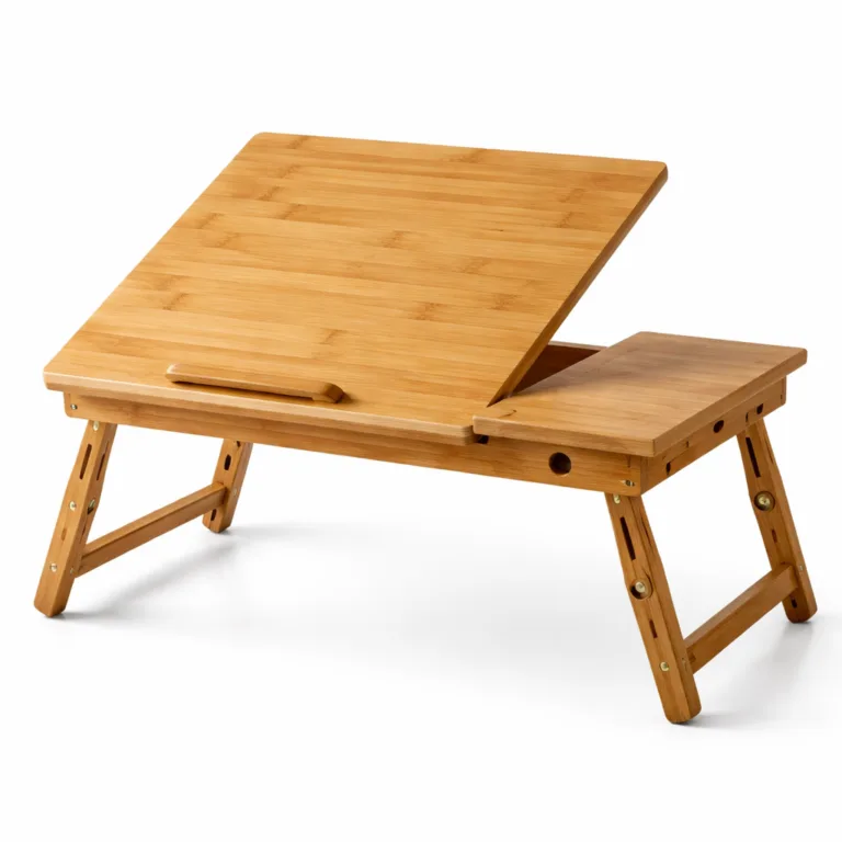 A functional bamboo laptop desk in a matte-oiled finish, featuring a slide-out drawer and a shallow groove around the edge of the tabletop for holding pens or small objects.