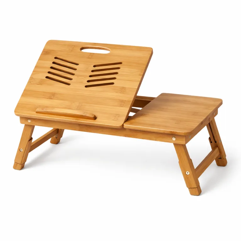 Matte-oiled bamboo finish provides a refined touch, with a practical integrated handle for easy carrying. Cooling vent slots and foldable legs enhance convenience for portable workspace needs.