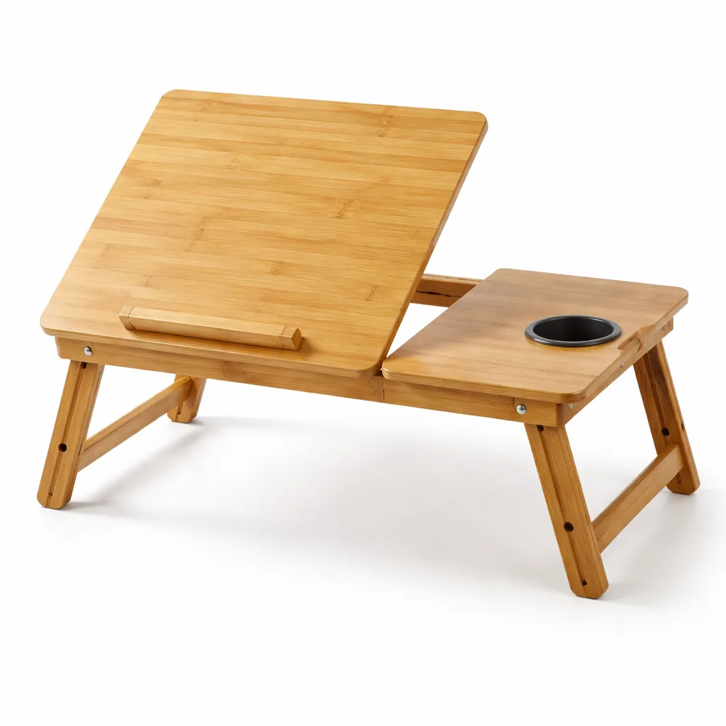 Matte-oiled bamboo laptop table featuring a built-in cup holder, foldable legs, and a smooth non-glossy finish. Designed for portable use as a lap desk.