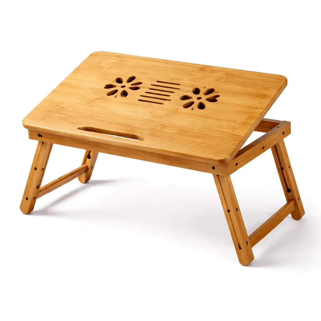 Bamboo laptop table in natural finish with smooth rounded edges for extra comfort, showing high-detail vent slots and sturdy foldable legs. Ideal for an ergonomic workspace.