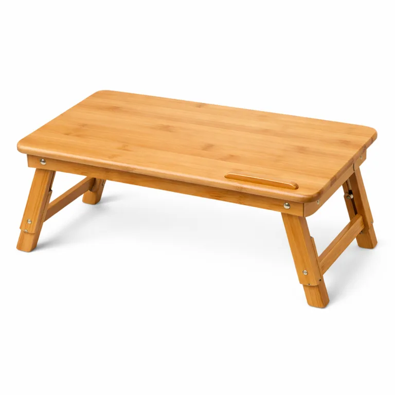A classic Bamboo Laptop Table for Couch Use made from natural bamboo, showcasing a smooth top surface with rounded edges for safety and comfort. Folding legs and a minimalist aesthetic make it ideal for modern households.