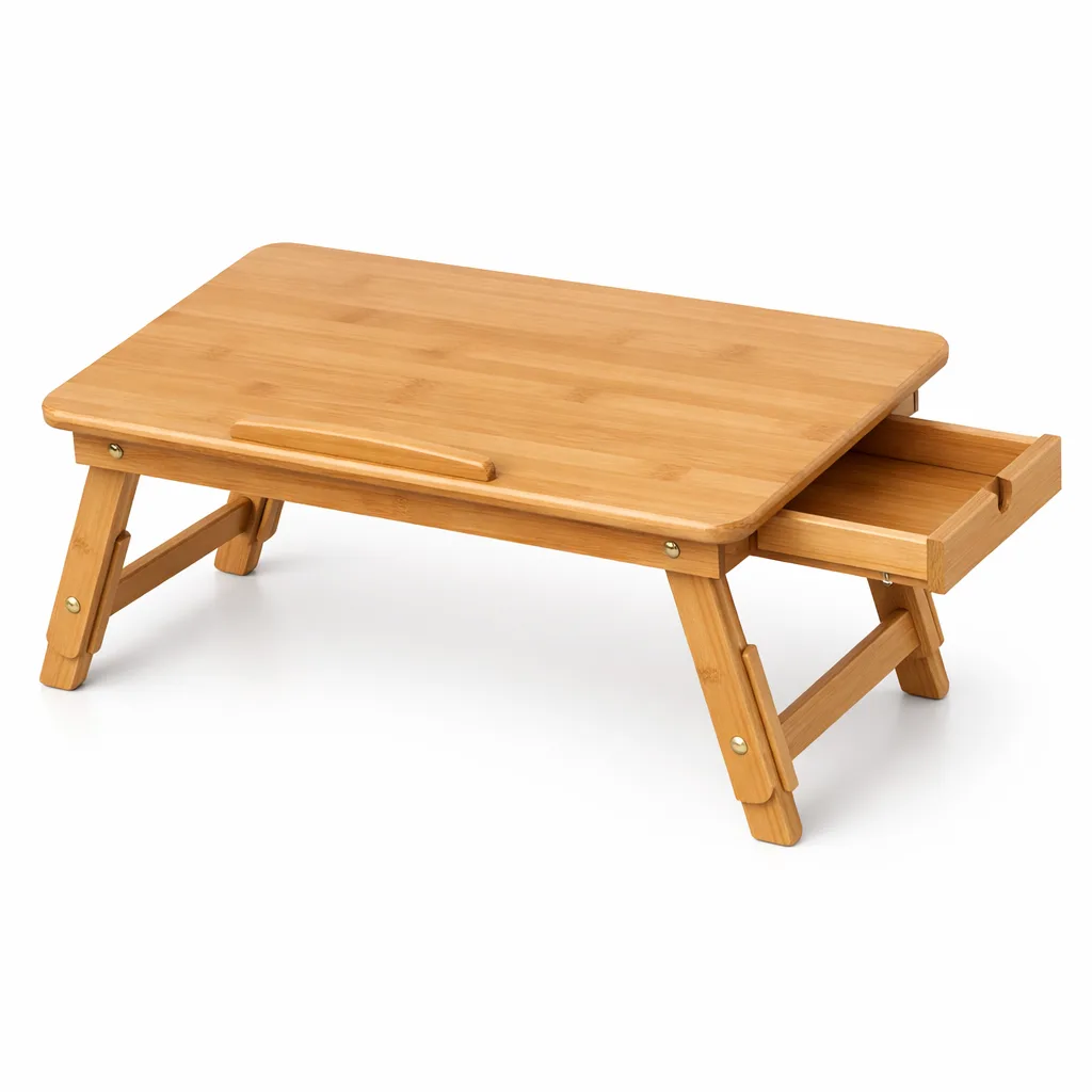 A well-crafted bamboo laptop table with drawer, showing a natural light bamboo finish and softly rounded corners for safety and comfort. Ideal for working or studying.