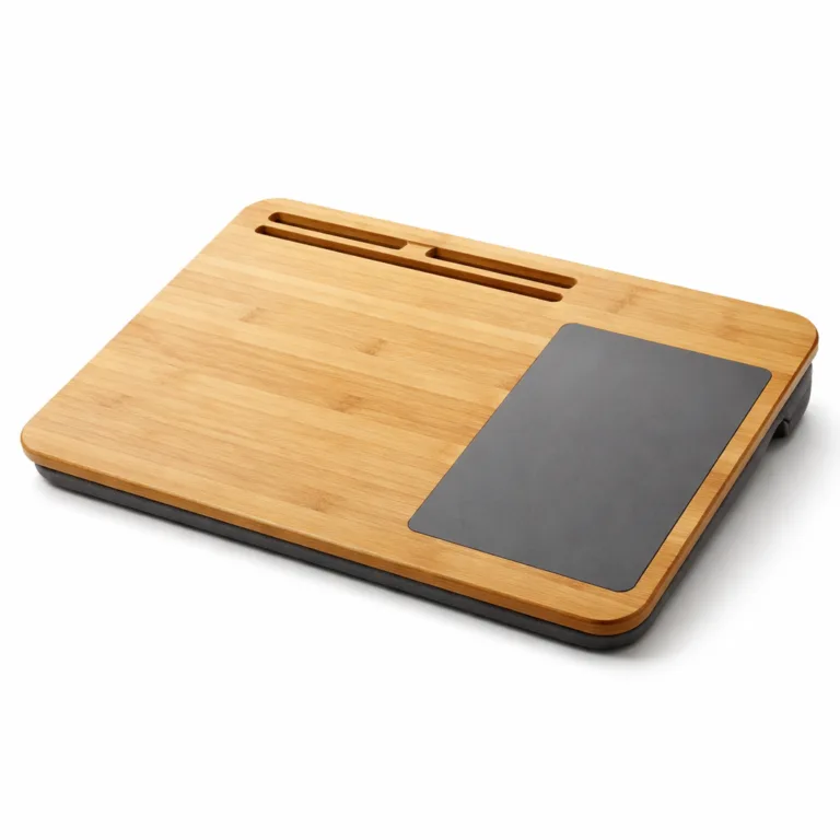 This variant features a Bamboo Laptop Tray with Mouse Pad Area crafted from carbonized bamboo, offering a darker wood tone and precision beveled edges for a refined appearance. The design remains functional and sturdy, with a smoothly integrated mouse pad section.