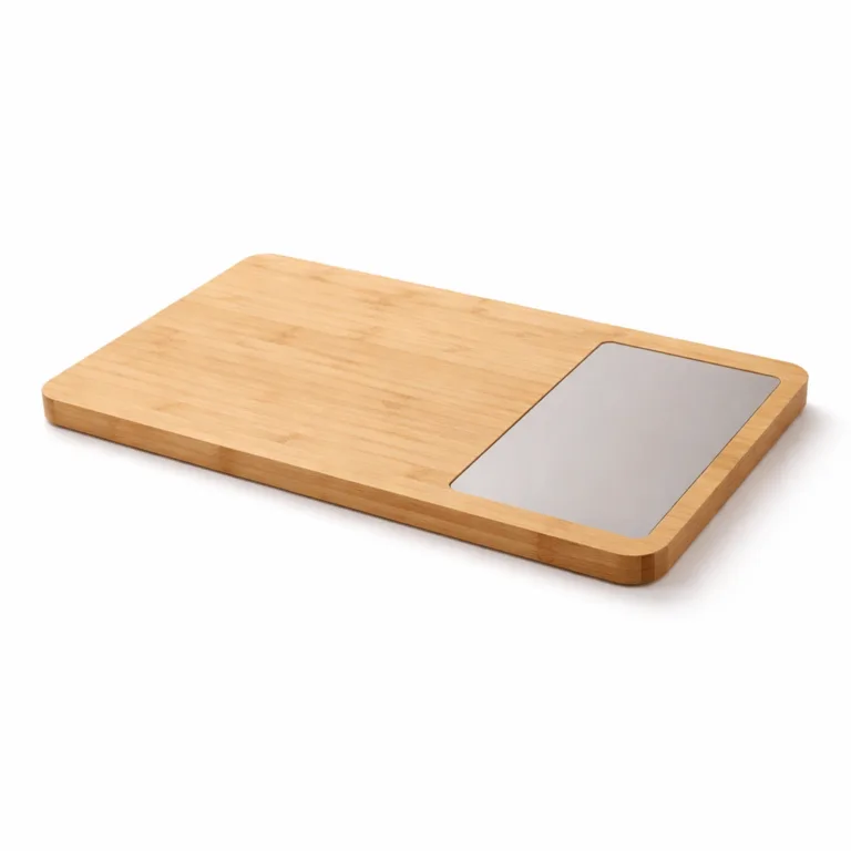 This variant showcases a Bamboo Laptop Tray with Mouse Pad Area made from natural bamboo, designed with smoothly rounded edges for a comfortable, modern look. The seamless flat mouse pad section integrates into the rectangular tray, making it ideal for heightened comfort during laptop use.
