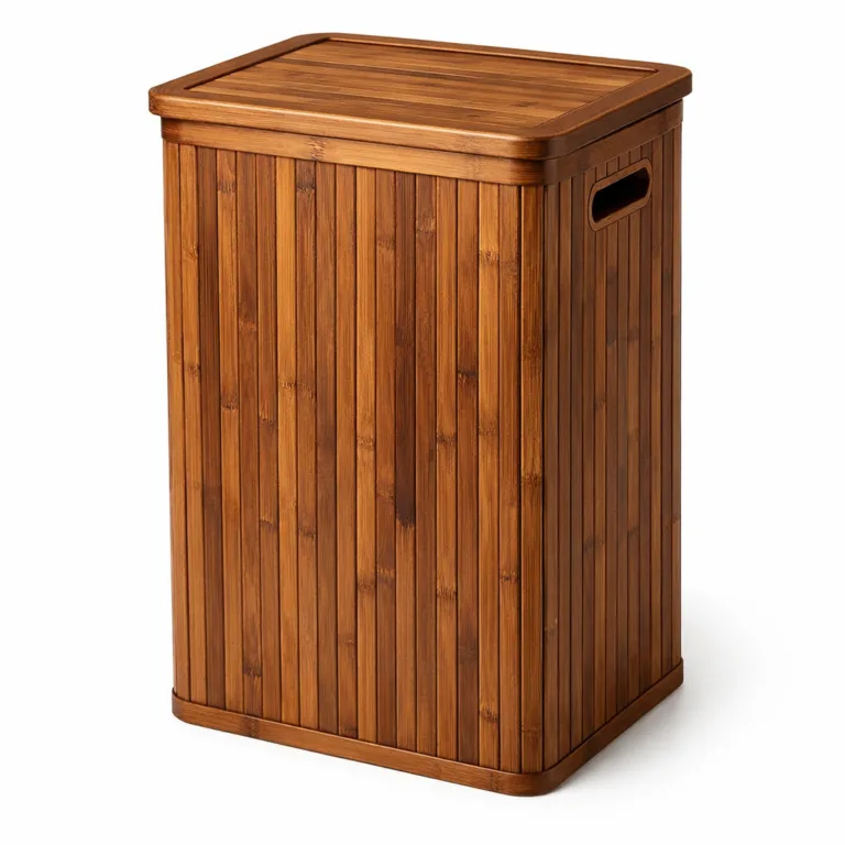 This bamboo laundry basket hamper features a carbonized finish for a deep brown look and elegant beveled edging, combining functionality with a sophisticated, warm-toned style. Includes a removable lid and strong handles.