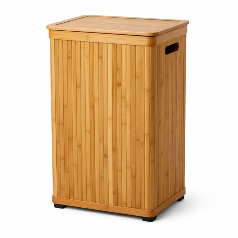 A bamboo laundry basket hamper with a modern matte-oiled finish for a contemporary look, fitted with discreet anti-slip feet to prevent shifting. Comes with a lift-off lid and convenient handles.