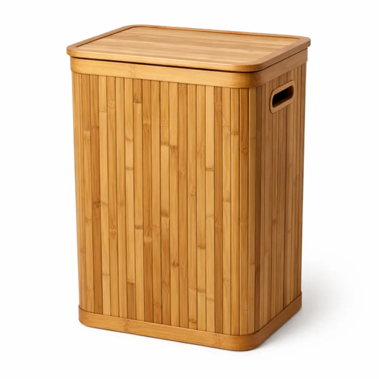 A Bamboo Laundry Basket Hamper in natural bamboo finish, featuring smooth, rounded edges and practical handles for easy carrying. Designed with a removable lift-off lid, it's perfect for organized and stylish laundry storage.