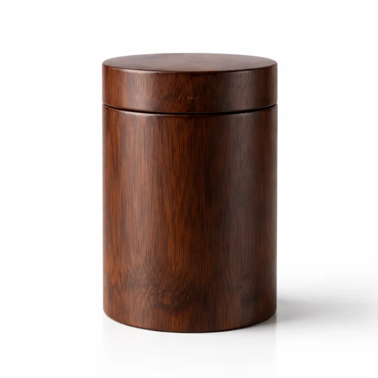 A bamboo loose leaf tea canister in a cylindrical form, made from richly carbonized bamboo with a deep brown tone, tight-fitting lid showcased on a white background.
