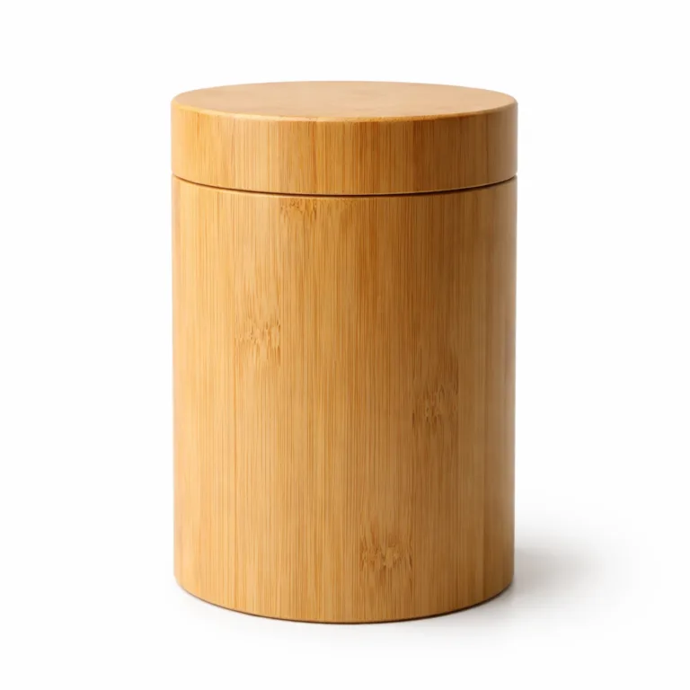 A cylindrical bamboo loose leaf tea canister with a tight-fitting lid, featuring a natural finish and smooth bamboo surface in studio lighting.
