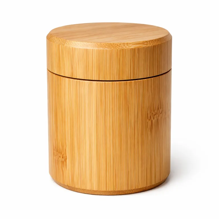 This Bamboo Matcha Powder Canister has a distinguishable beveled edge on its fitted lid for easier grip and opening. Natural bamboo with a clear finish and visible grain.