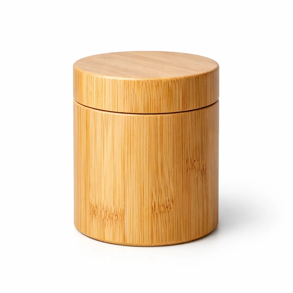 A Bamboo Matcha Powder Canister with a smooth, natural bamboo finish that highlights the woodgrain. Simple cylindrical shape with a precise fitted lid, perfect for storing premium matcha powder.