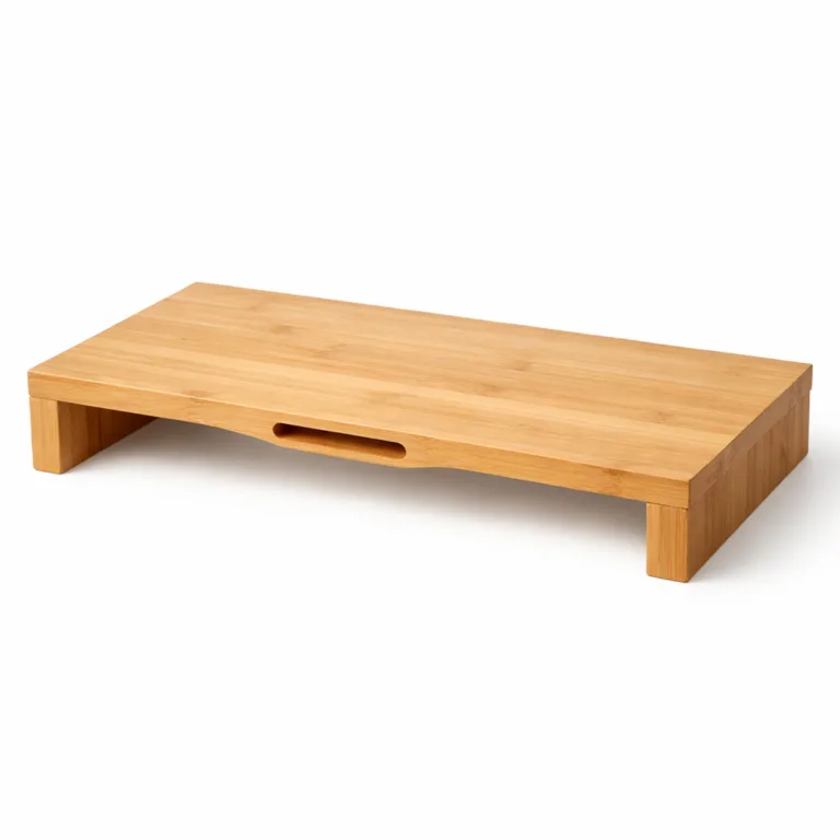 This Bamboo Minimalist Laptop Riser features an integrated handle cutout for portability while maintaining a minimalist appearance. Crafted from natural bamboo with a clean, practical design.