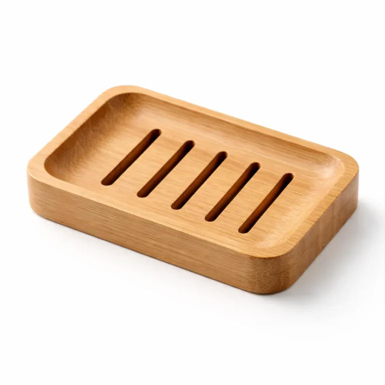 Natural bamboo minimalist soap holder featuring a classic rectangular shape, slotted drainage, and smoothly rounded corners for a soft, modern look. Perfect for keeping soap dry and stylish in any bathroom.