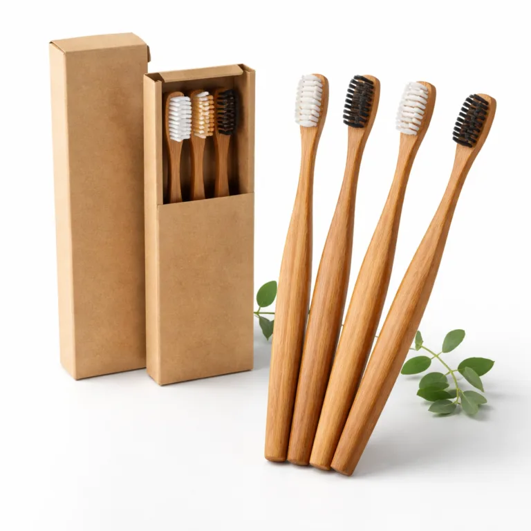 A Bamboo Minimalist Toothbrush Set featuring a carbonized bamboo handle for a warmer brown tone. The handle has a sleek, modern design with soft bristles, perfect for eco-conscious oral hygiene. Presented with sustainable kraft packaging.
