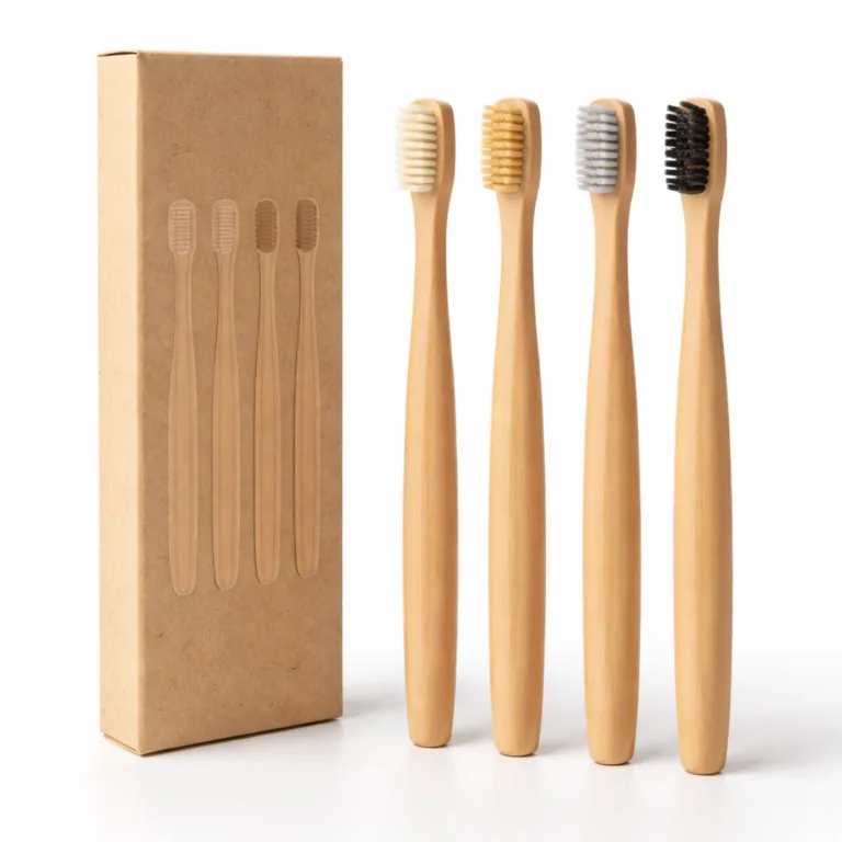 A Bamboo Minimalist Toothbrush Set with a matte-oiled bamboo handle for a subtle sheen and water-resistance. The handle features rounded edges for added comfort, with soft bristles and eco-friendly kraft packaging.