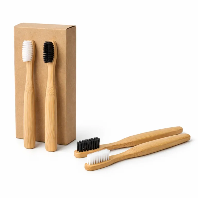 A Bamboo Minimalist Toothbrush Set with a classic natural bamboo finish, featuring a smooth sanded handle that highlights the natural wood grain. Designed with soft bristles and packaged in an eco-friendly kraft box, ideal for sustainable oral care.