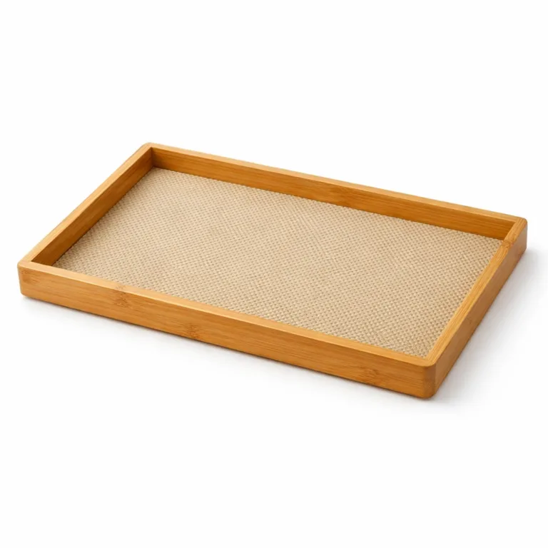 A matte-oiled bamboo non-slip tray in a rectangular form, designed for secure serving with a raised rim for spill protection. The tray showcases a subtle textured grip surface, set against a crisp white backdrop.