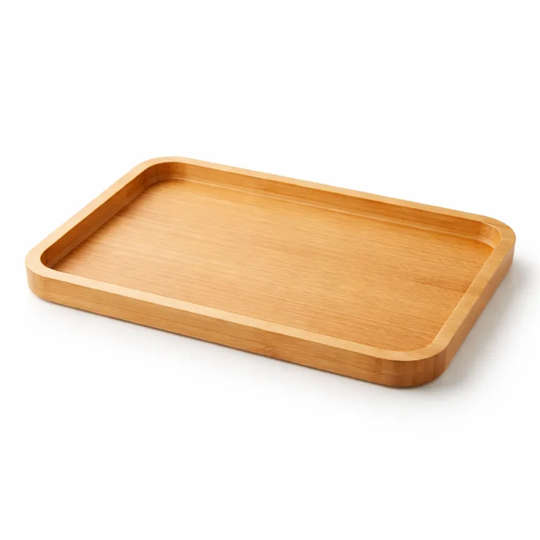 A natural finish bamboo non-slip tray, rectangular with subtly rounded edges for comfort. Features a lightly textured surface for grip, perfect for serving. Photographed in high realism on a white background.