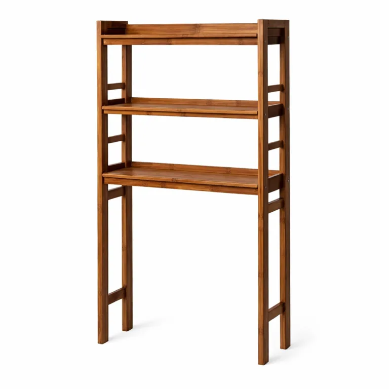 A realistic studio photograph of a carbonized bamboo over-toilet storage rack, highlighting deep wood grain and beveled shelf edges for a distinct look. Ideal for bathrooms, displayed against a white background.