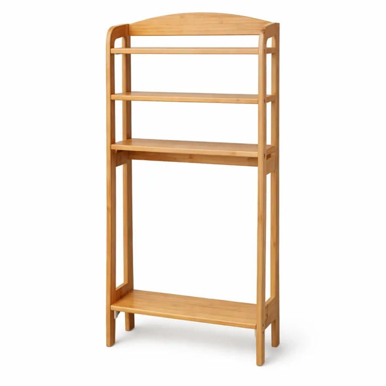 A high realism product photo of a bamboo over-toilet storage rack with a matte-oiled finish, featuring softly rounded shelf edges for safety and elegance. Designed for bathroom use, photographed on a white background for e-commerce.