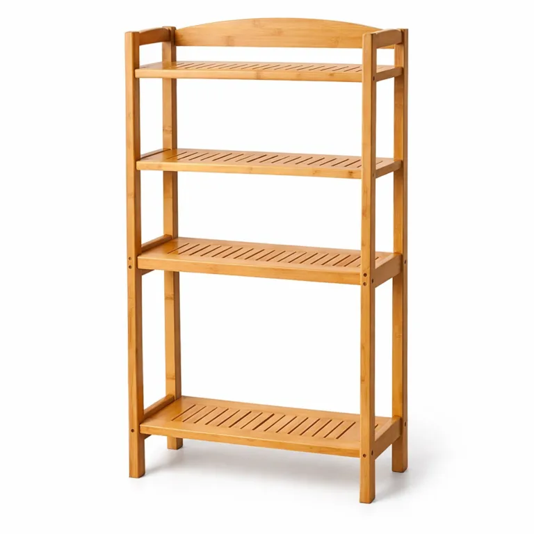 A commercial e-commerce photo of a bamboo over-toilet storage rack in natural finish, with shelves incorporating slim drainage slots to prevent water buildup. Studio setting, crisp details, white background.