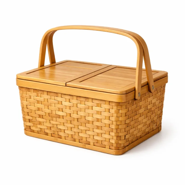 Rectangular picnic basket made from natural bamboo, featuring a precisely beveled top rim for enhanced durability and design, and a seamlessly integrated handle.
